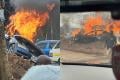 Collage photo of a vehicle set on fire after being involved an accident along Ngong Road.